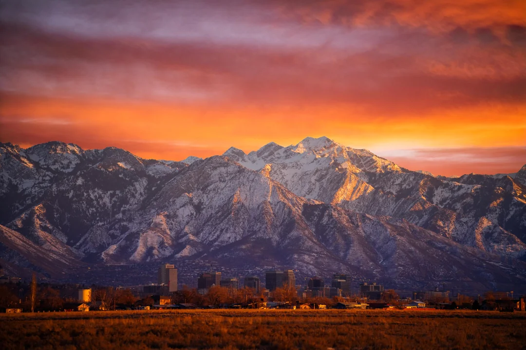 The Wasatch Front above the Salt Lake City skyline at sunset